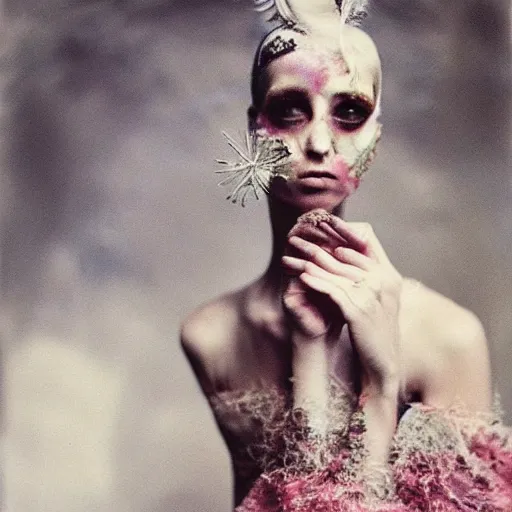 Prompt: kodak portra 4 0 0, wetplate, photo of a surreal artsy dream scene,, weird fashion, grotesque, extravagant dress, carneval, animal, wtf, photographed by paolo roversi style
