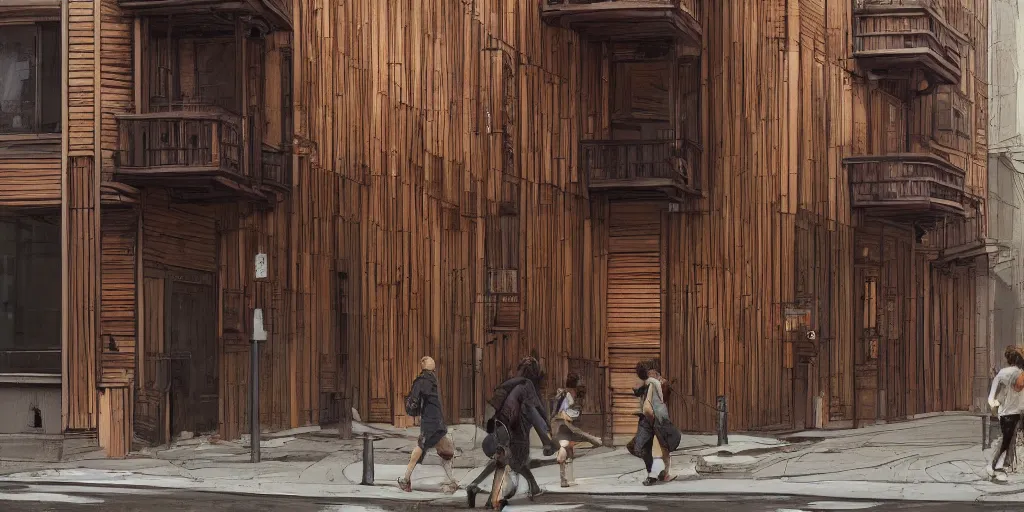 Prompt: photo of a wooden door and wooden facade on a city street in new york. architecture. trending on artstation. cgsociety. art by greg rutkowski and moebius.