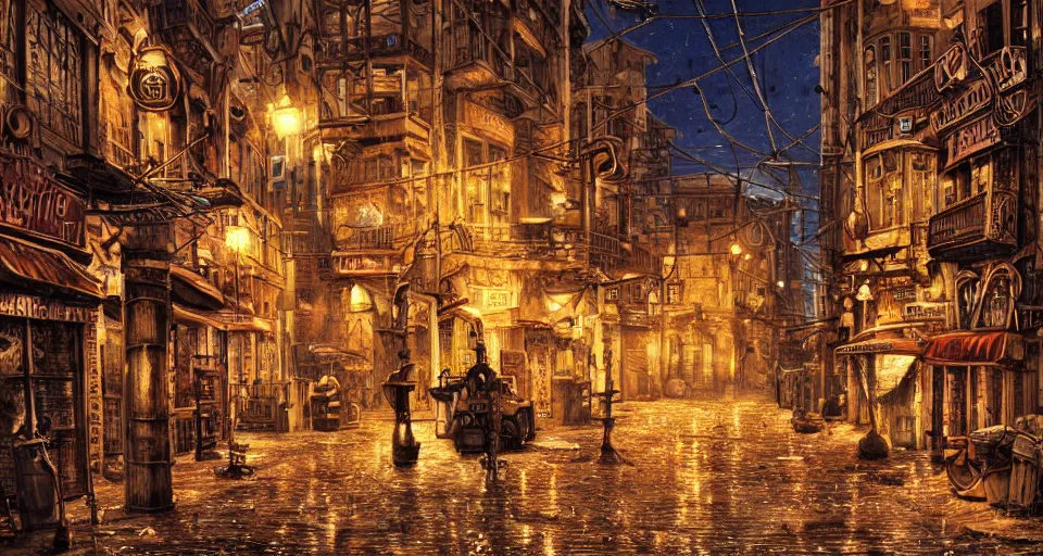 Image similar to steampunk city streets at night by guido borelli da caluso, junk everywhere, wires hanging, steam, trending on artstation, no yellow