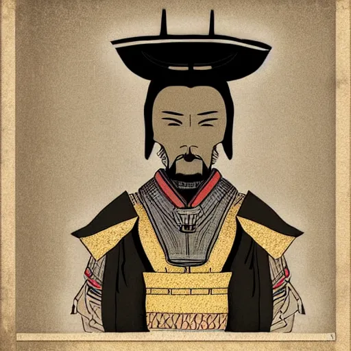 Image similar to a detailed dramatic digital art of a samurai wearing a birthday hat