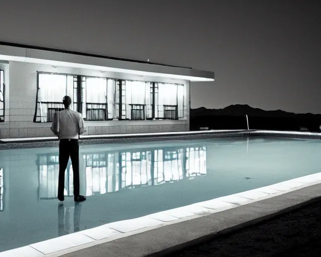 Image similar to photo of a man standing next to a swimming pool outside a motel with a neon sign in the desert at night, cinematic, in the style of edward hopper