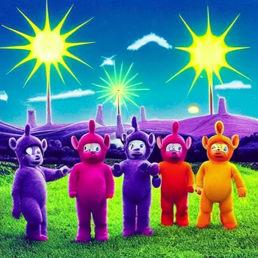 Image similar to Teletubbies Tame Impala album cover art