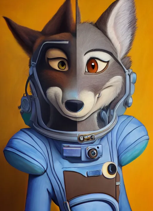 Image similar to oil painting detailed full body of anthromorphic female wolf, in style of zootopia, zootopia, zootopia, fursona, furry, furaffinity, 4 k, deviantart, furry art, fursona art, wearing astronaut outfit, in style of zootopia, wolf fursona, cyberpunk, female, expressive, detailed feminine face,