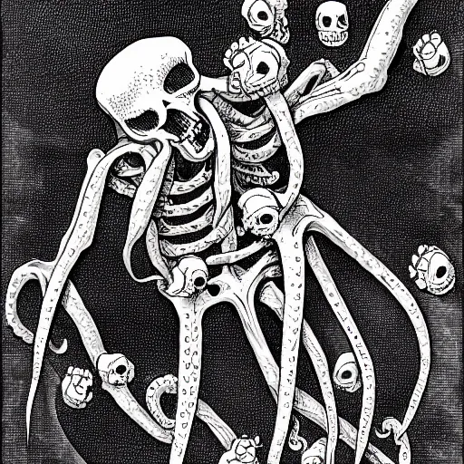 Prompt: a skeleton filled with writhing octopuses, fantasy illustration