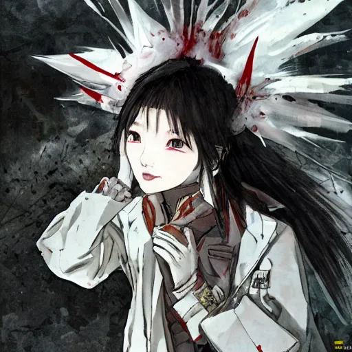 Prompt: cute japanese girl with small horns, sharp and pointy vampire teeth, dressed in an old white coat, praying on the floor of a destroyed church, with her eyes and mouth closed and a smile, full body, detailed artwork by Yoji Shinkawa