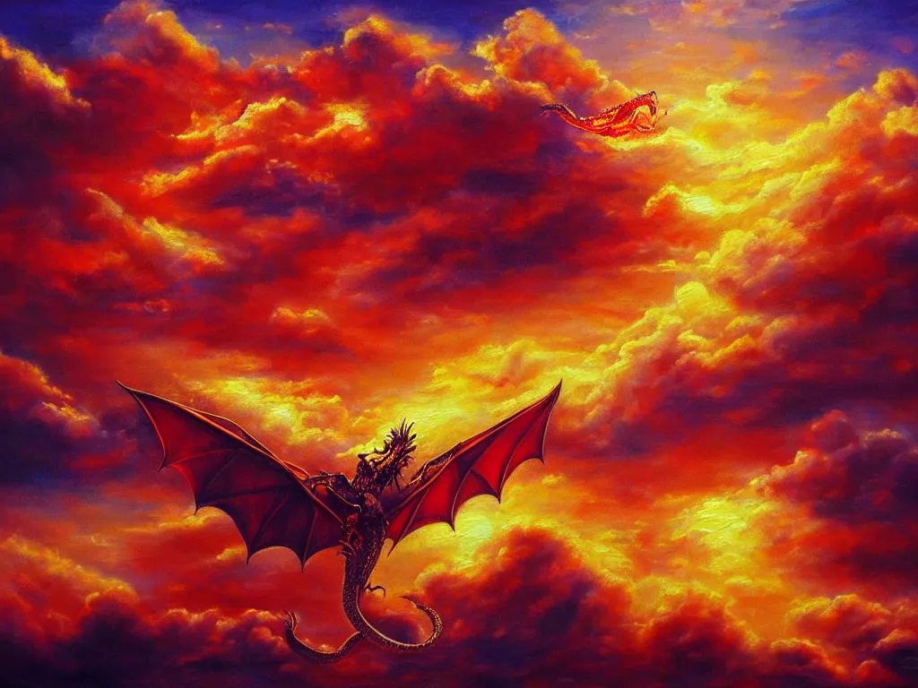 Prompt: A dragon made of rubies and gold flying in sunset clouds, realistic oil painting