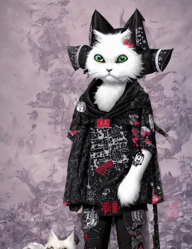 Prompt: full body portrait of a gothic style punk white fluffy cat robot with kanji tattoos and decals wearing a digital pixelated kimono, intricate design, photo - realistic, octane render, dark colour palette, ultra fine detailed, character design, trending on artstation