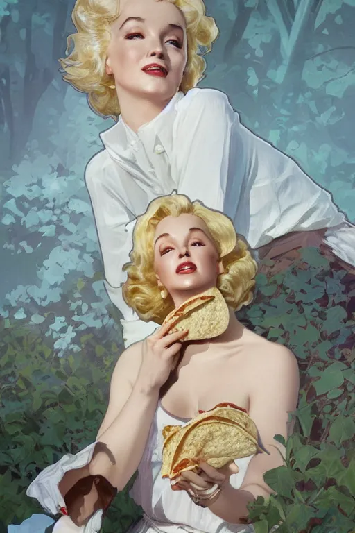 Image similar to beautiful cottagecore Marylin Monroe holding a taco. intricate, elegant. highly detailed, digital painting, artstation, concept art, smooth, sharp, focus, illustration. . art by artgerm and greg rutkowski and alphonse mucha