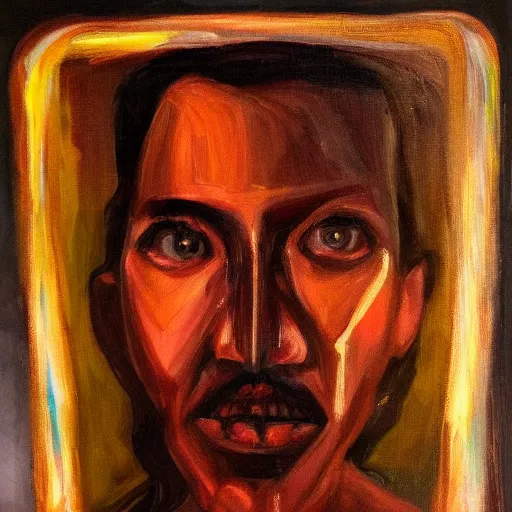 Prompt: oil portrait of the reflection of myself i see in my nightmares