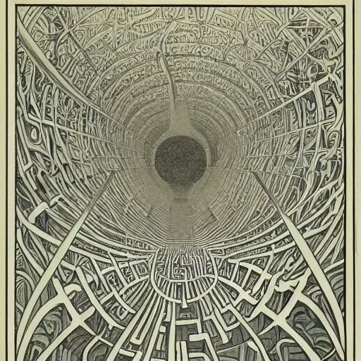 Prompt: the world is labyrinthine beyond possibility of imagining, inhabited on many levels by alien intelligence, infinite in extent, staggering in its beauty, terrifying in its weirdness, endlessly satisfying and peculiar, by Maurits Cornelis Escher, shining light and shadow, atmospheric, Award winning. Masterpiece, detailed illustration, alphonse mucha