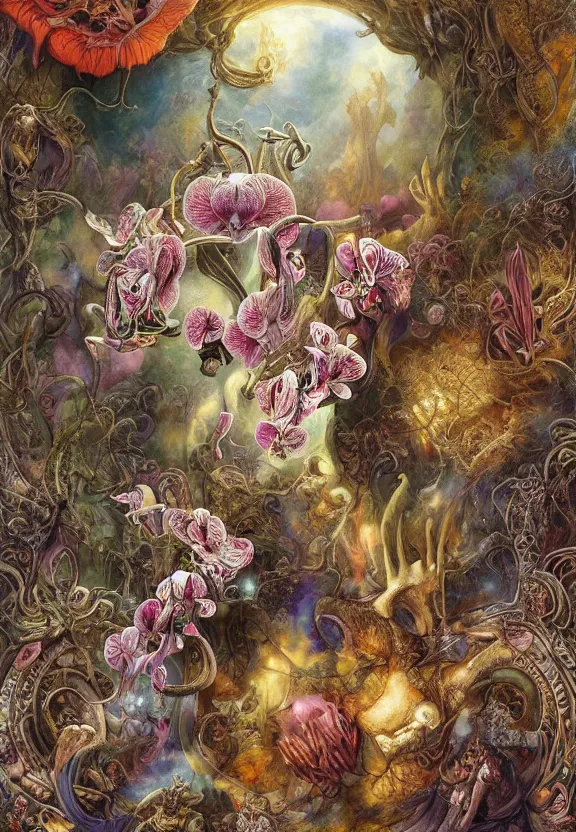 Image similar to simplicity, elegant, colorful muscular eldritch animals and bones radiating from fractal, orchids, lilies, flowers, mandalas, by h. r. giger and esao andrews and maria sibylla merian eugene delacroix, gustave dore, thomas moran, pop art, cyberpunk, art nouveau