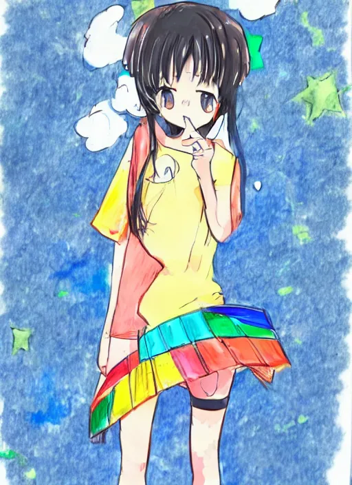 Image similar to very poorly drawn anime girl, cute outfit, posing, crayon art, very silly looking, very anime