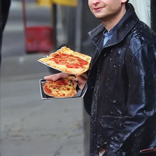 Image similar to tobey maguire eating all of the pizza, gross, disgusting, messy, annoyed, greasy, wet