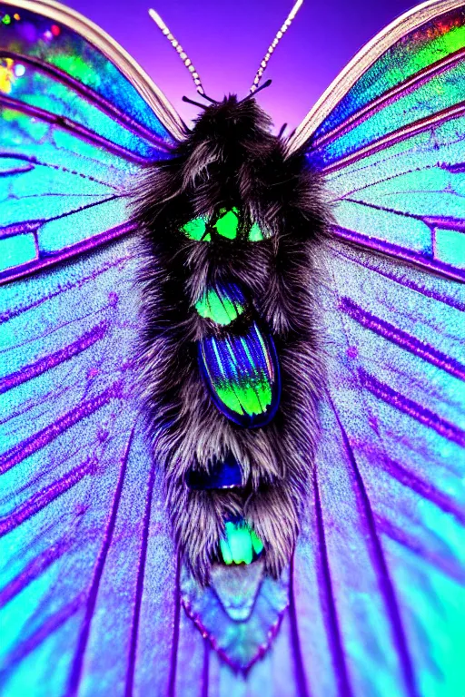 Image similar to high quality macro photo gothic furry iridescent moth! jewelled gorgeous! highly detailed david ligare elson peter cinematic blue neon lighting high quality low angle hd 8k sharp shallow depth of field