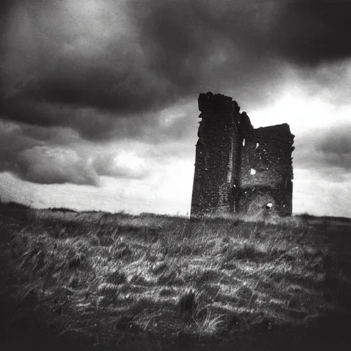 Image similar to a dark moody photo taken with a Holga of a ruined castle on an empty moor, greyscale, stormy