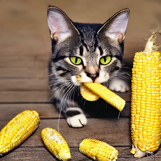 Image similar to low resolution photograph of a cat eating corn on the cob