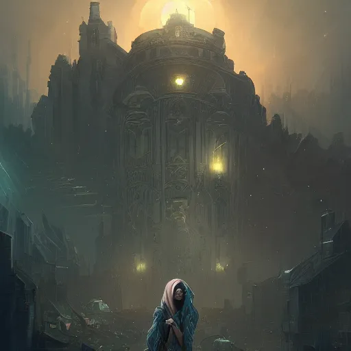 Image similar to a detailed illustration of a weeping woman against the background of a ravaged city and a dark moonlit sky, artstation, by Peter Mohrbacher, Art Nouveau, sophisticated, Unreal engine, dystopia, anti-utopia, post processing, nostalgic melancholic artwork, intricate