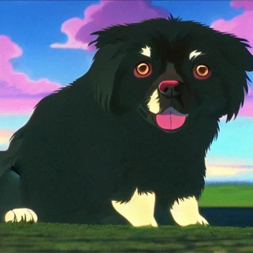 Image similar to a wholesome animation key shot of black tibetan spaniel, studio ghibli, dramatic lighting