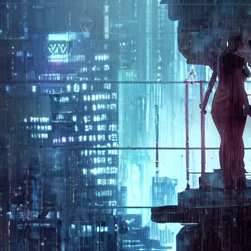 Prompt: a heartfelt unspoken love story between two robots overlooking a crumbling empty city, third person, cyberpunk, dystopia, rain, bittersweet