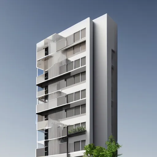 Image similar to elevation of a modern building with 5 floors, minimal style, photorealist, 4 k