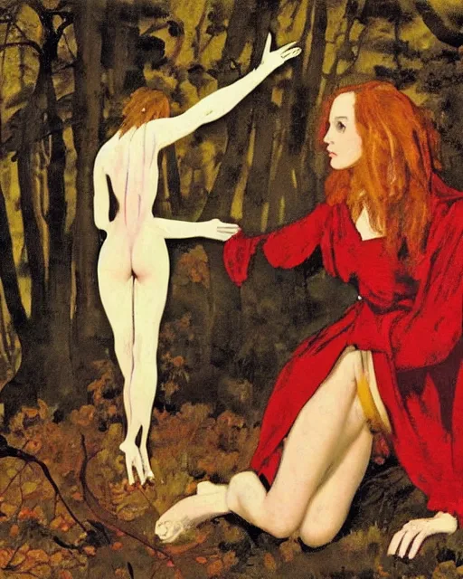 Image similar to a baroque painting of a girl wearing red lost in the dark woods, a terrifying wolf is watching her, 1 9 7 0 s, seventies, wallpaper, delicate embellishments, painterly, offset printing technique, by brom, robert henri, walter popp