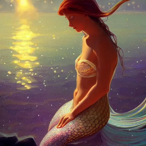 Image similar to a mermaid with a beautiful sparkling fin, cinematic lighting, soft bokeh, fantasy, modern, colourful, highly detailed, digital painting, artstation, deviantart, concept art, sharp focus, illustration, alphonse mucha, edward hopper