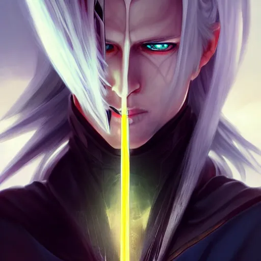 Prompt: digital art of a pale menacing Sephiroth with piercing eyes, gilded black uniform, he commands the fiery power of resonance and wrath, by WLOP, Artstation, CGsociety