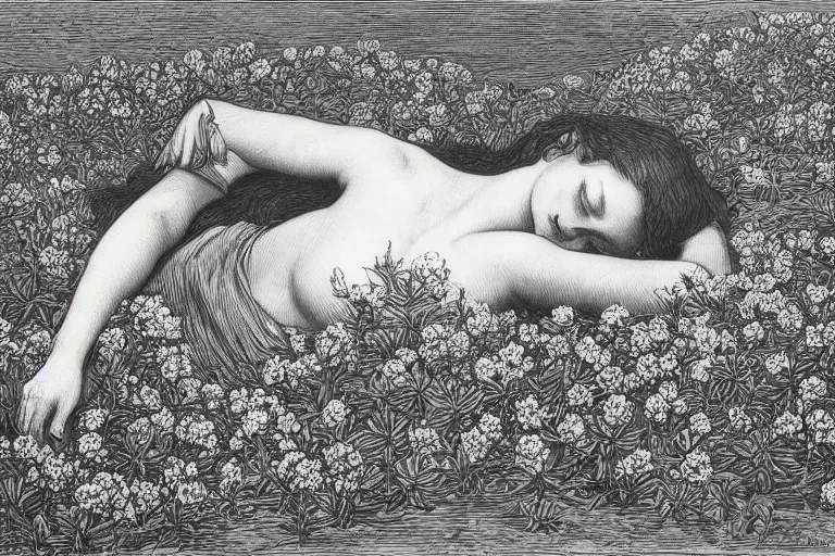 Prompt: black and white, young french woman sleeping in the flower field, top view, Gustave Dore lithography