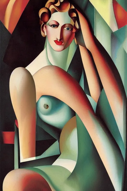 Image similar to olive skinned blonde female model in her twenties by artist tamara de lempicka