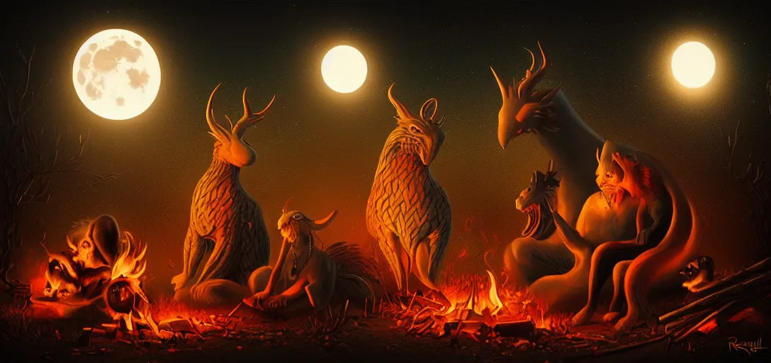 Image similar to strange mythical beasts of sitting around a fire under a full moon, surreal dark uncanny painting by ronny khalil