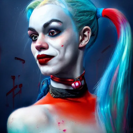 Image similar to Portrait of Harley Quinn but she's a beautiful ape-girl with long pony tails on either side of her head, illustration, by James Jean, artgerm, octane render, by John Coltrane and Marc Simonetti, Manic, inspired by Greg rutkowski, black background, kinemacolor, colorful, high detail of the face, full body