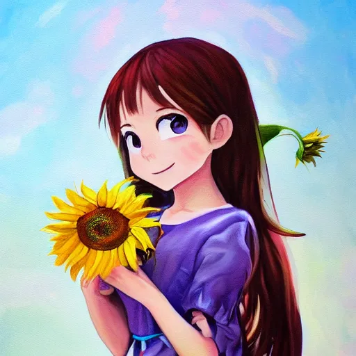 Prompt: a beautiful painting of young girl holding a sunflower and smiling,anime,artstation,highly detailed