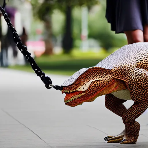 Image similar to award winning portrait of a young woman walking her pet dinosaur on a leash,