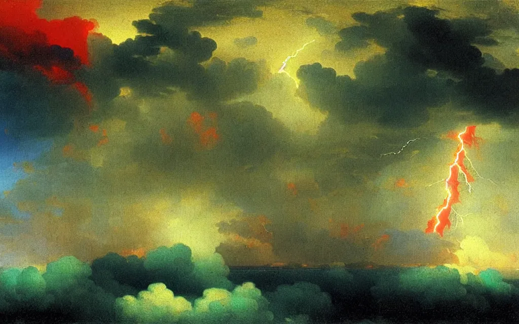 Prompt: lightning strikes a close up of a dark cloud with a cloudy sky blue and red and green colors high detailed by aivazovsky