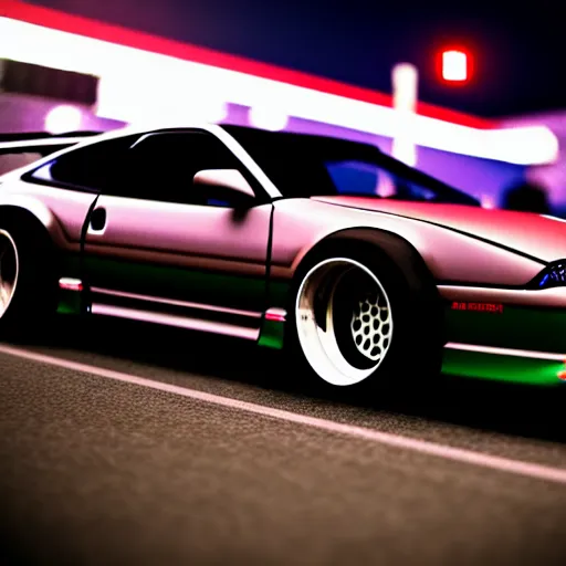 Image similar to a car 300ZX twin turbo drift at illegal car meet, Shibuya prefecture, city midnight mist lights, cinematic lighting, photorealistic, highly detailed wheels, high detail