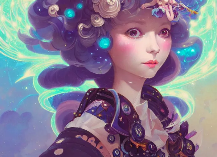 Image similar to close up picture of an maximalist dress magical girl, neat hair with bangs, slightly smiling, extremely beautiful and aesthetic and detailed cute face and eyes, wipe out evils with cute astronaut familiar sprites, aming the magical beams, chiaroscuro, intricate, masterpiece, fantasy illustrations by peter mohrbacher and anato finnstark and jeremy lipking