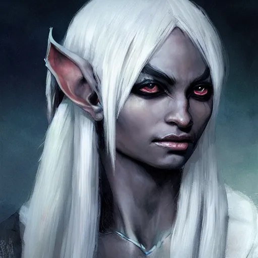 Image similar to closeup portrait of a drow elf, dungeons and dragons character, castle background, gorgeous view, realistic, high detail, digital art, painted by greg rutkowski, painted by jeremy mann, trending on artstation