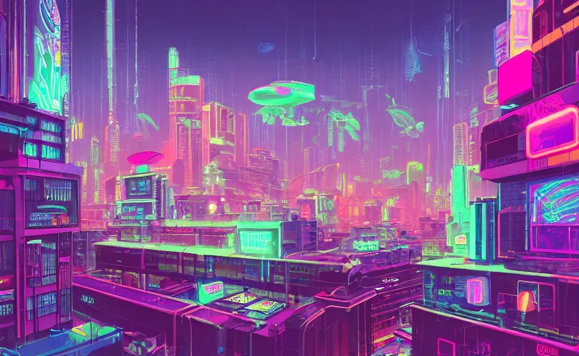 Image similar to Wide angle shot of a cyberpunk city with neon lights and holographic fishes floating in the sky by James Gilleard, Mark Ryden, Wolfgang Lettl highly detailed