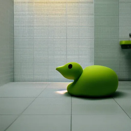 Image similar to rubber duck made of green slime melting on a bathroom, octane render, unreal engine 5, excellent composition, trending on artstation, million of likes, ray tracing, cinematic lighting