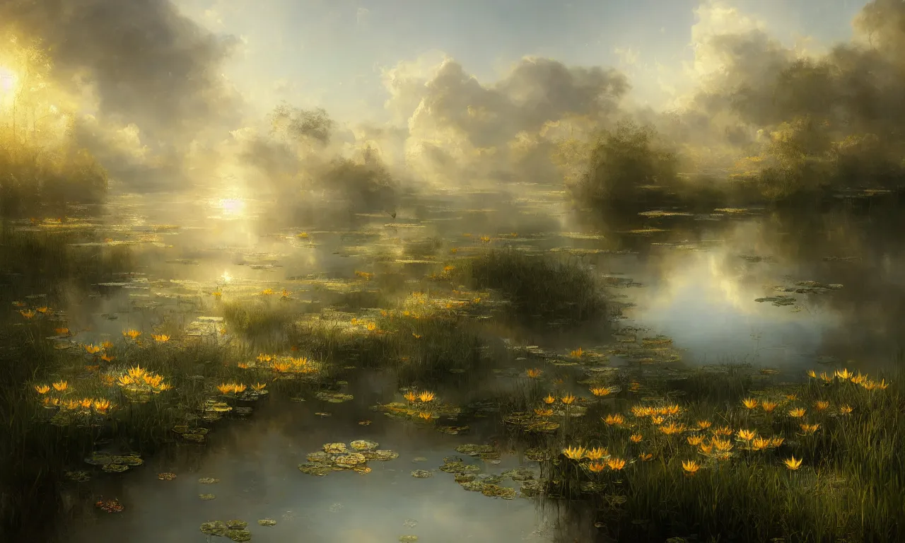 Prompt: breathtaking detailed soft painting of a pond of golden lotus with ribbons of light, colibri in a sunlit blue sky whith plump white clouds, art by johannes voss, kelogsloops and greg rutkowski rembrandt style, elegant, highly detailed, artstation, concept art, matte, sharp focus,