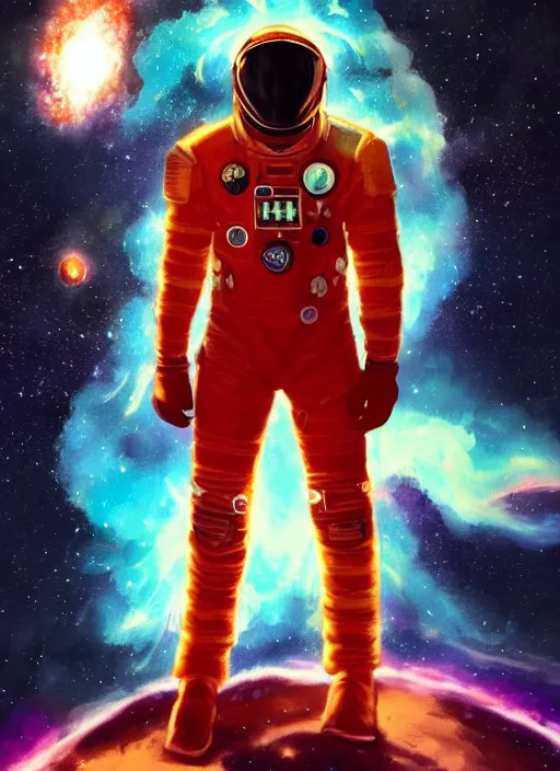 Image similar to cinematic medium shot of handsome black man in an advanced spacesuit in front of exploding nebulae halos, digital illustration trending on artstation by artgerm and rutkowski