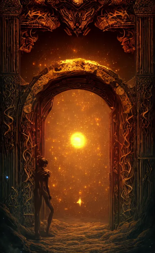 Image similar to a ornamental gate into stars a demon emerges from it, ornament, intarsia, portal, doorway, no background, dynamic lighting, ambient lighting, atmospherical, photorealistic fantasy concept art, trending on art station, stunning visuals, creative, cinematic, ultra detailed