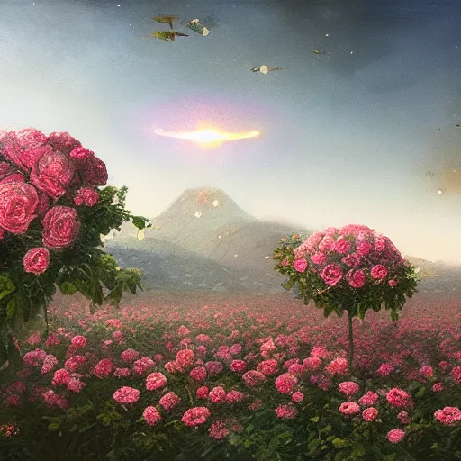 Image similar to meteorite made out of roses flying over the sky, roses trail, greg rutkowski, sharp focus