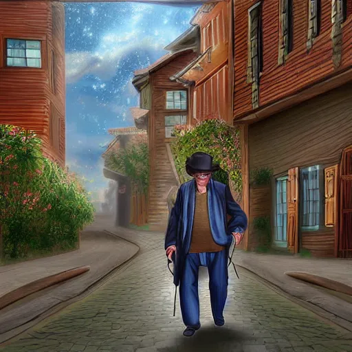 Prompt: time traveler from 2050 walking in a 1700 town, digital art, detailed