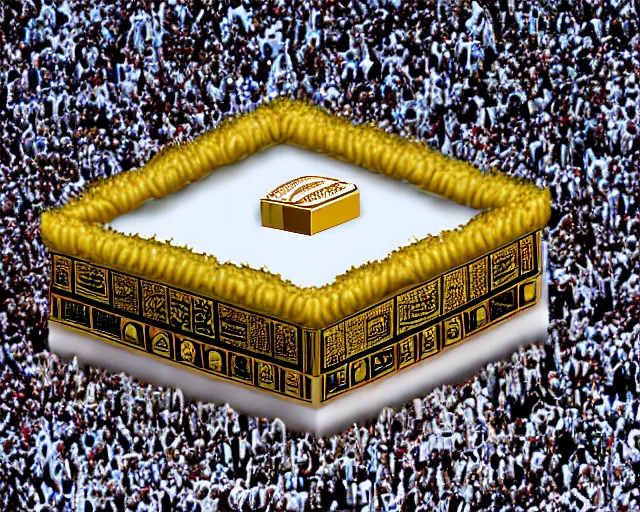 Prompt: The Kaaba inspired by a burger (Arabic: ٱلْكَعْبَة, romanized: al-Kaʿbah, lit. 'The Cube', Arabic pronunciation: [kaʕ.bah]), also spelled Ka'bah or Kabah, sometimes referred to as al-Kaʿbah al-Musharrafah (Arabic: ٱلْكَعْبَة ٱلْمُشَرَّفَة, romanized: al-Kaʿbah al-Musharrafah, lit. 'Honored Ka'bah'), is a building at the center of Islam's most important mosque, the Masjid al-Haram in Mecca, Saudi Arabia.[1][2] It is the most sacred site in Islam.[3] It is considered by Muslims to be the Bayt Allah (Arabic: بَيْت ٱللَّٰه, lit. 'House of God') and is the qibla (Arabic: قِبْلَة, direction of prayer) for Muslims around the world when performing salah.