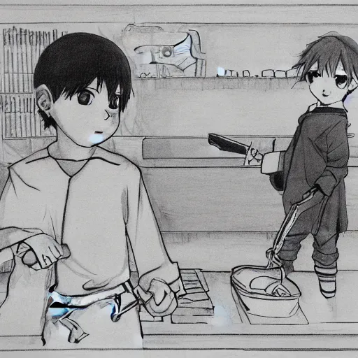 Image similar to a young boy holds a butcher's knife in their hand, anime style, drawn in black pen ink sketch