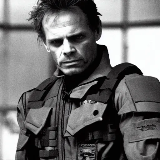 Prompt: movie still of michael biehn as a young solid snake, 3 5 mm