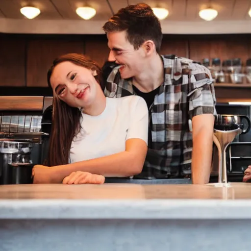 Image similar to a young couple standing on top of the counter at a diner