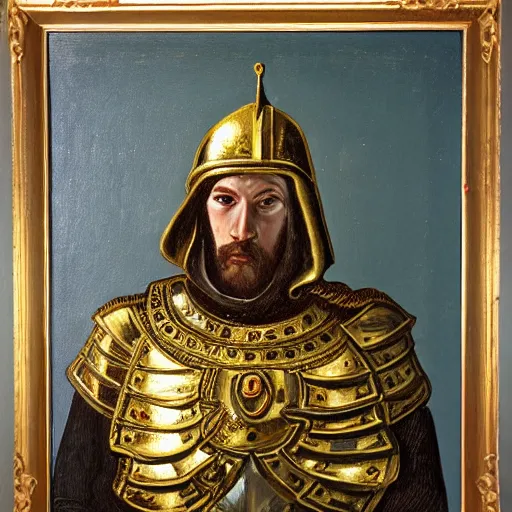 Prompt: man in 15 century decorated with gold crusader armor and cape with kingdom of jerusalem insignia oil painting