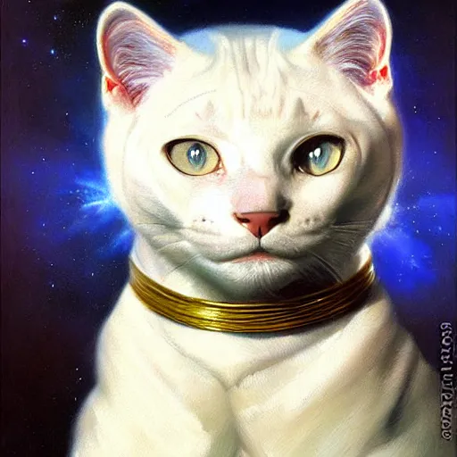 Image similar to a portrait of a manly humanoid anthromorphic furry white cat feline, blue eyes, star trek the next generation. highly detailed painting by gaston bussiere, craig mullins, j. c. leyendecker, furry